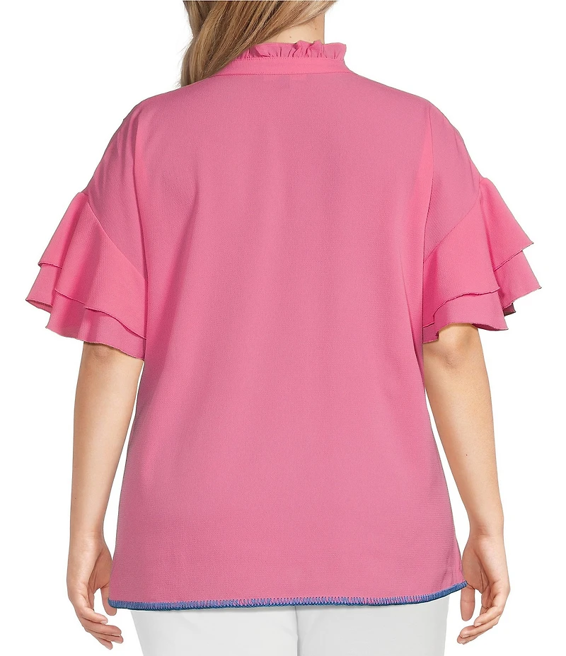 Calessa Plus Size Embroidered Ruffled V-Neck Cap Sleeve Shirttail Hem Top