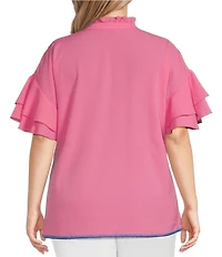 Calessa Plus Size Embroidered Ruffled V-Neck Cap Sleeve Shirttail Hem Top