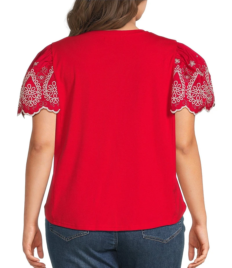 Calessa Plus Size Embroidered Scalloped Short Sleeve Crew Neck Knit Top