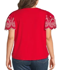 Calessa Plus Size Embroidered Scalloped Short Sleeve Crew Neck Knit Top