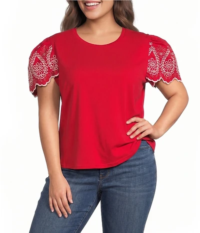 Calessa Plus Size Embroidered Scalloped Short Sleeve Crew Neck Knit Top
