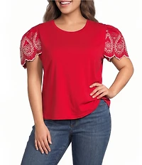 Calessa Plus Size Embroidered Scalloped Short Sleeve Crew Neck Knit Top