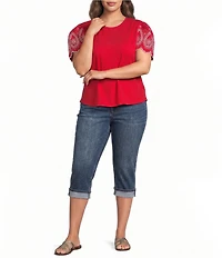 Calessa Plus Size Embroidered Scalloped Short Sleeve Crew Neck Knit Top