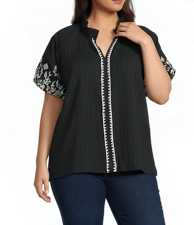 Calessa Plus Size Embroidered Short Sleeve Ruffle Split V-Neck Tunic