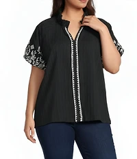 Calessa Plus Size Embroidered Short Sleeve Ruffle Split V-Neck Tunic