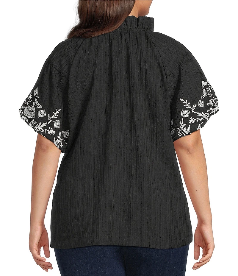 Calessa Plus Size Embroidered Short Sleeve Ruffle Split V-Neck Tunic