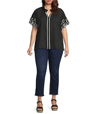 Calessa Plus Size Embroidered Short Sleeve Ruffle Split V-Neck Tunic