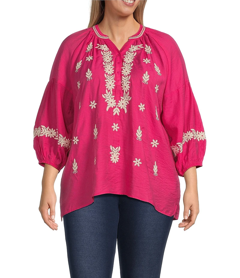 Calessa Plus Size Embroidered Split Neck Bracelet Length Sleeve Tunic