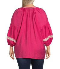 Calessa Plus Size Embroidered Split Neck Bracelet Length Sleeve Tunic
