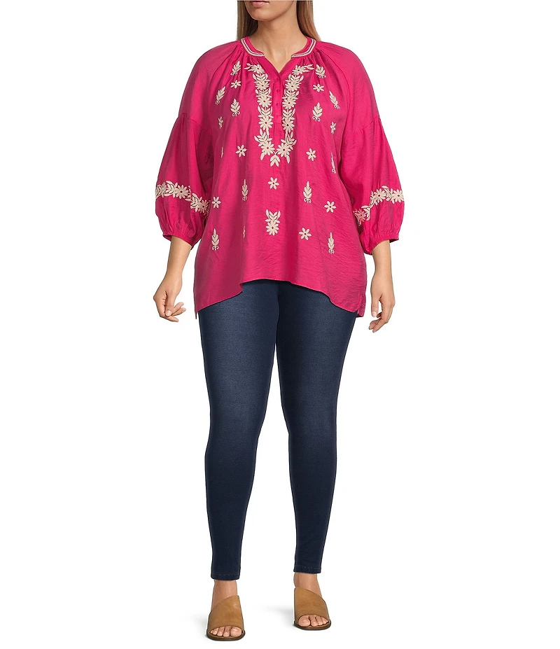 Calessa Plus Size Embroidered Split Neck Bracelet Length Sleeve Tunic