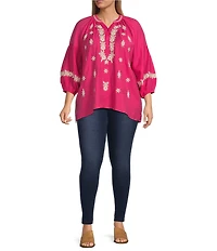 Calessa Plus Size Embroidered Split Neck Bracelet Length Sleeve Tunic