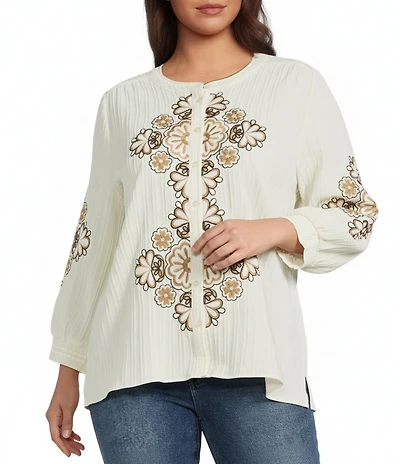 Calessa Plus Size Embroidered Split Neck Tie Detail Wrist Length Sleeve Tunic