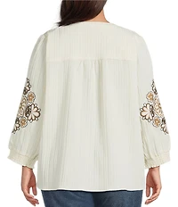 Calessa Plus Size Embroidered Split Neck Tie Detail Wrist Length Sleeve Tunic