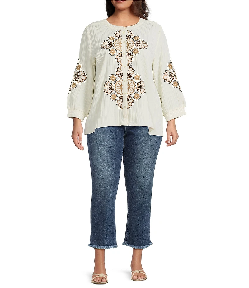 Calessa Plus Size Embroidered Split Neck Tie Detail Wrist Length Sleeve Tunic