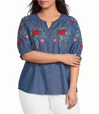 Calessa Plus Size Embroidered Split Round Neck Elbow Raglan Sleeve Top