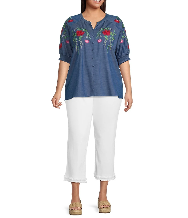 Calessa Plus Size Embroidered Split Round Neck Elbow Raglan Sleeve Top
