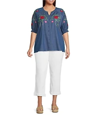 Calessa Plus Size Embroidered Split Round Neck Elbow Raglan Sleeve Top