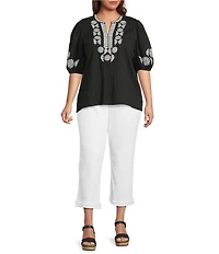 Calessa Plus Size Embroidered Split Round Neck Elbow Puff Sleeve Tunic