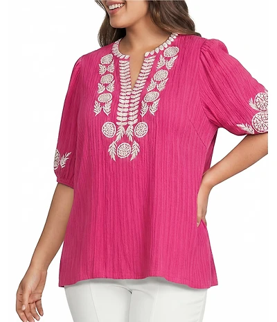 Calessa Plus Size Embroidered Split Round Neck Elbow Puff Sleeve Tunic