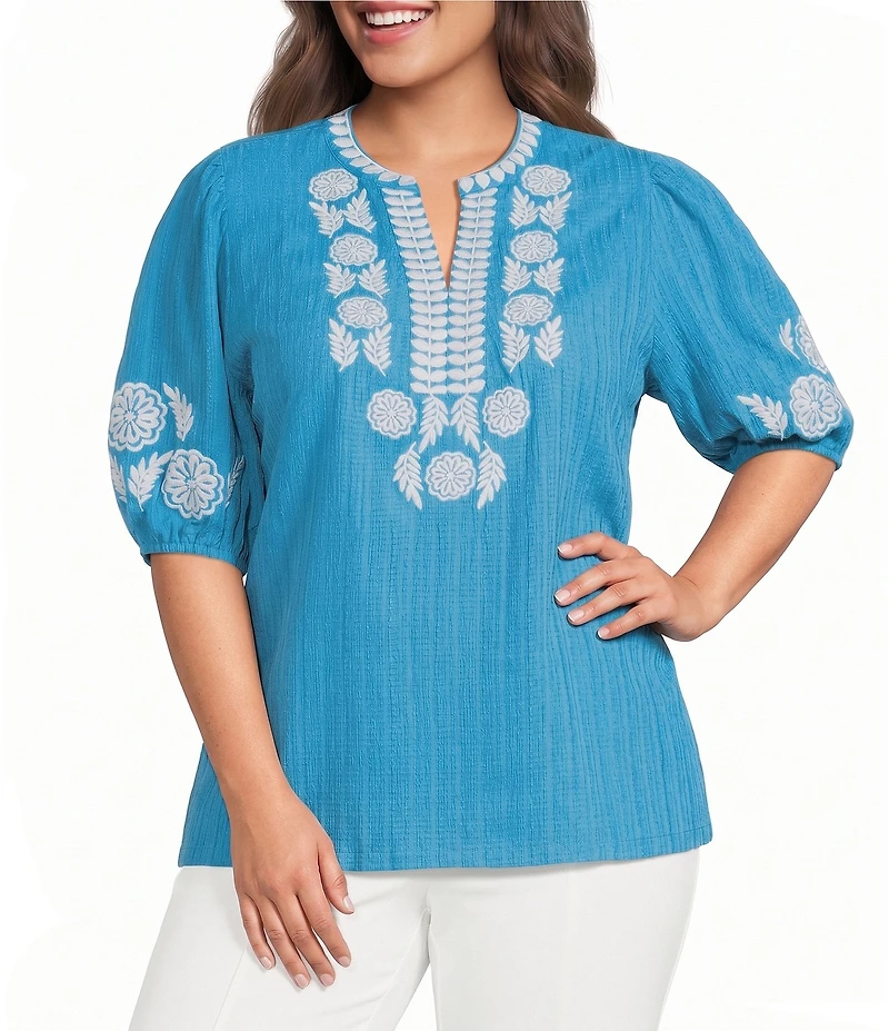 Calessa Plus Size Embroidered Split Round Neck Elbow Puff Sleeve Tunic