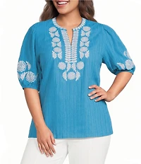 Calessa Plus Size Embroidered Split Round Neck Elbow Puff Sleeve Tunic