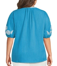 Calessa Plus Size Embroidered Split Round Neck Elbow Puff Sleeve Tunic