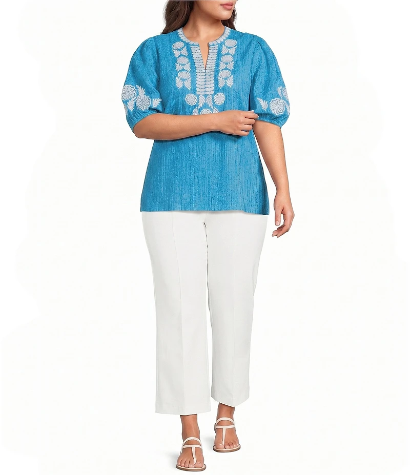 Calessa Plus Size Embroidered Split Round Neck Elbow Puff Sleeve Tunic