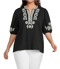 Calessa Plus Size Embroidered Split Round Neck Elbow Puff Sleeve Tunic