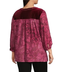 Calessa Plus Size Embroidered Split V-Neck 3/4 Floral Sleeve Velvet Knit Tunic