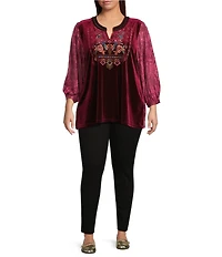 Calessa Plus Size Embroidered Split V-Neck 3/4 Floral Sleeve Velvet Knit Tunic