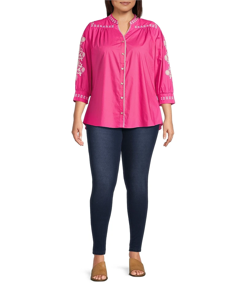 Calessa Plus Size Embroidered Split V-Neck 3/4 Sleeve Button Front Shirt