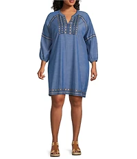 Calessa Plus Size Embroidered Split V-Neck 3/4 Sleeve Shift Dress