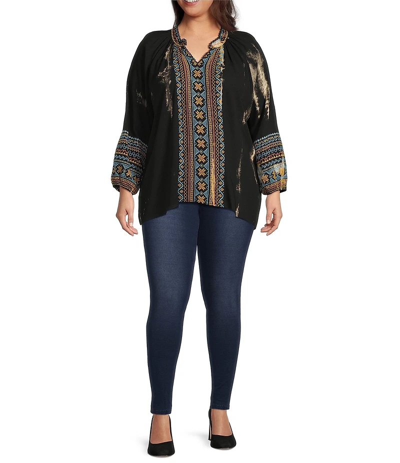 Calessa Plus Size Embroidered Split V-Neck 3/4 Sleeve Tunic
