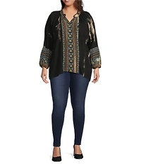 Calessa Plus Size Embroidered Split V-Neck 3/4 Sleeve Tunic