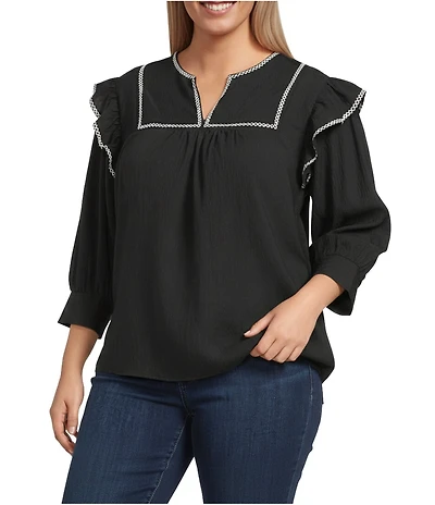 Calessa Plus Size Embroidered Split V-Neck 3/4 Sleeve Tunic
