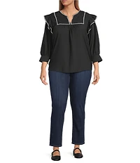 Calessa Plus Size Embroidered Split V-Neck 3/4 Sleeve Tunic