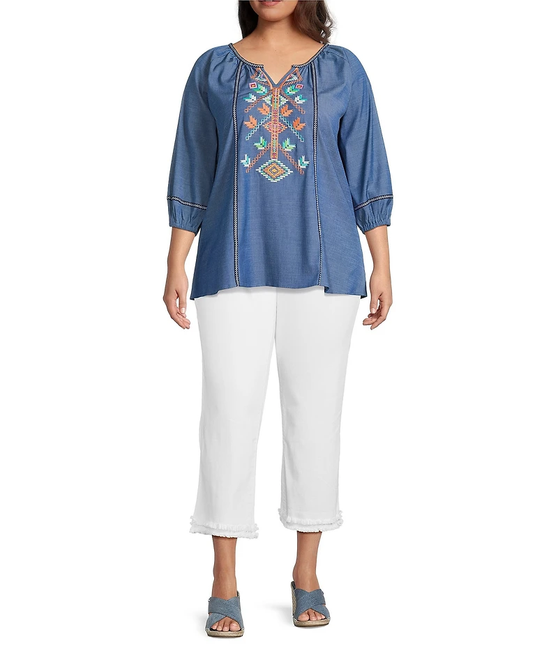 Calessa Plus Size Embroidered Split V-Neck 3/4 Sleeve Tunic