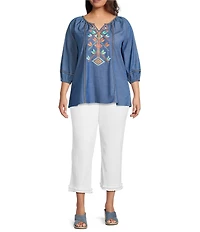 Calessa Plus Size Embroidered Split V-Neck 3/4 Sleeve Tunic