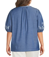 Calessa Plus Size Embroidered Split V-Neck Elbow Length Sleeve Tunic