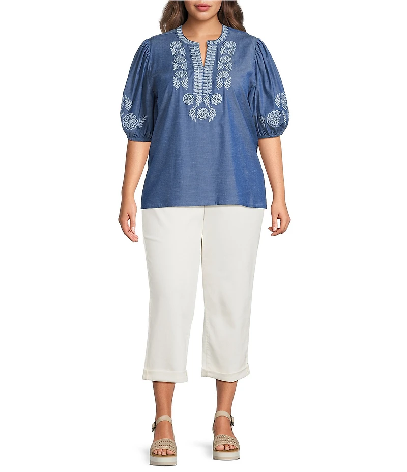 Calessa Plus Size Embroidered Split V-Neck Elbow Length Sleeve Tunic