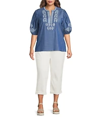 Calessa Plus Size Embroidered Split V-Neck Elbow Length Sleeve Tunic