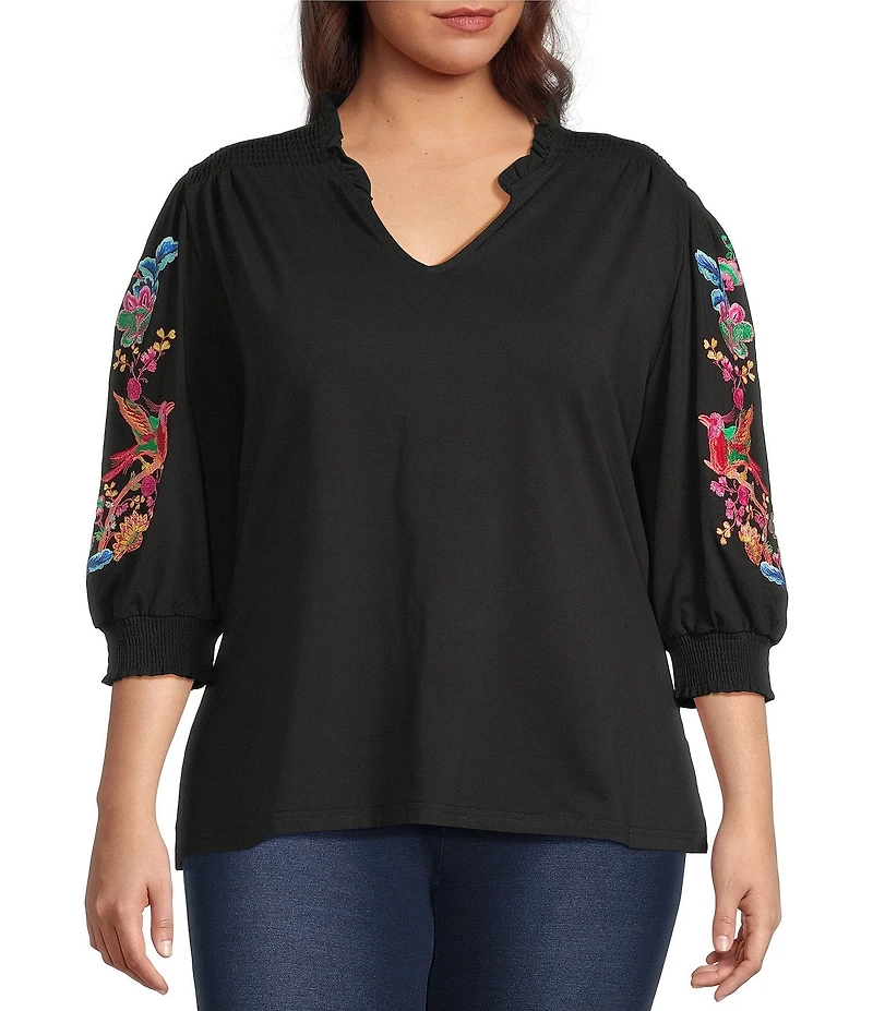 Calessa Plus Size Embroidered Split V-Neck Balloon Sleeve Tunic