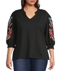 Calessa Plus Size Embroidered Split V-Neck Balloon Sleeve Tunic