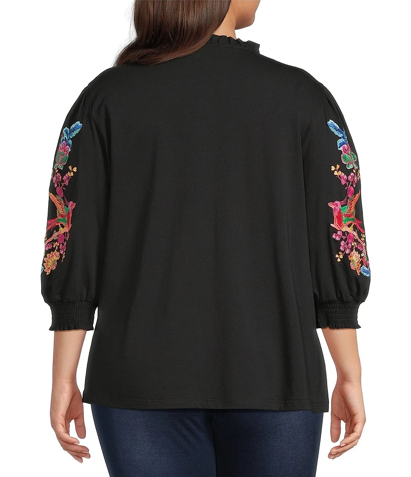 Calessa Plus Size Embroidered Split V-Neck Balloon Sleeve Tunic