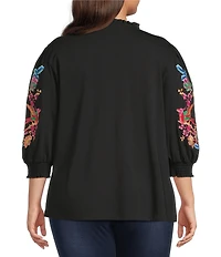 Calessa Plus Size Embroidered Split V-Neck Balloon Sleeve Tunic