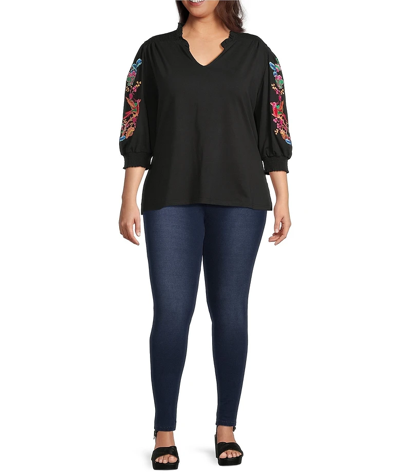 Calessa Plus Size Embroidered Split V-Neck Balloon Sleeve Tunic