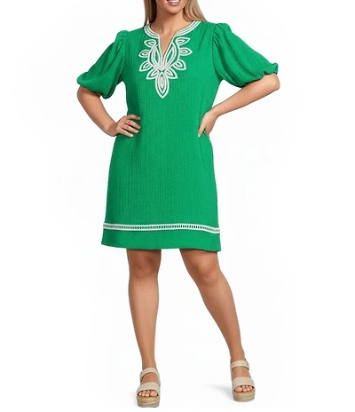 Calessa Plus Size Embroidered Split V-Neck Elbow Balloon Sleeve Shift Dress