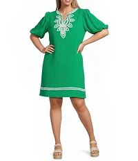 Calessa Plus Size Embroidered Split V-Neck Elbow Balloon Sleeve Shift Dress