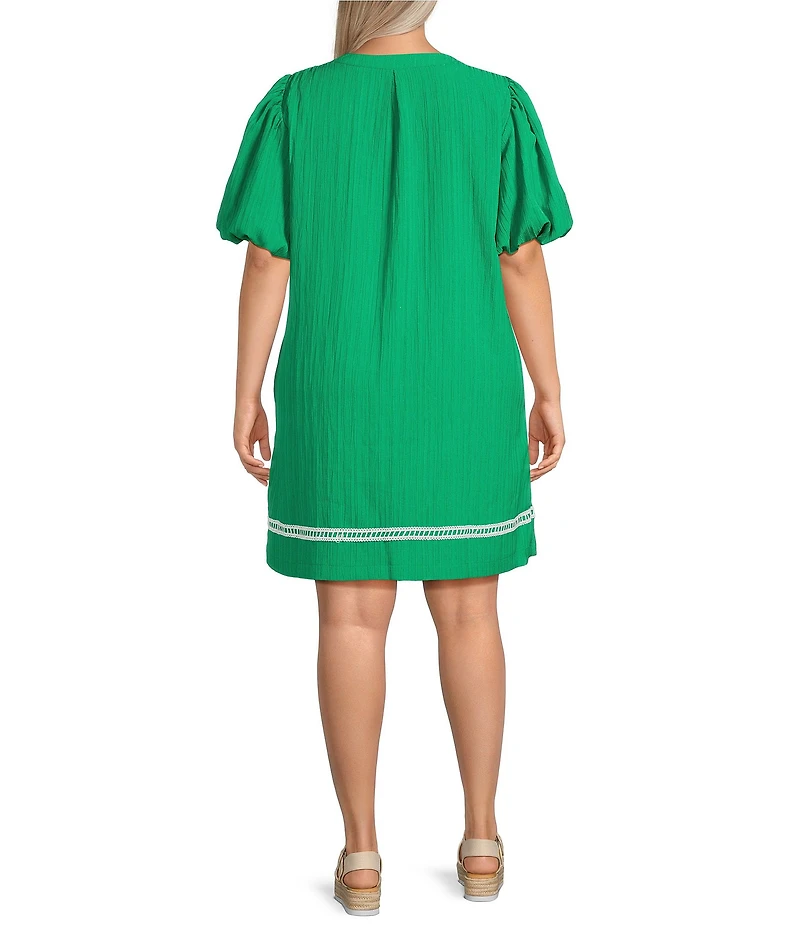 Calessa Plus Size Embroidered Split V-Neck Elbow Balloon Sleeve Shift Dress
