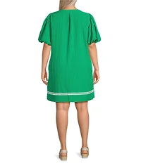 Calessa Plus Size Embroidered Split V-Neck Elbow Balloon Sleeve Shift Dress
